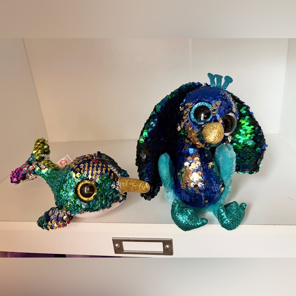 TY Flippables Tyson the Peacock & Calypso the Narwhal EUC collectible plush